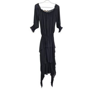 Ungaro Fever y2k Dress Black Silk Off Shoulder Hi-Low Midi Goth Morticia Size 6